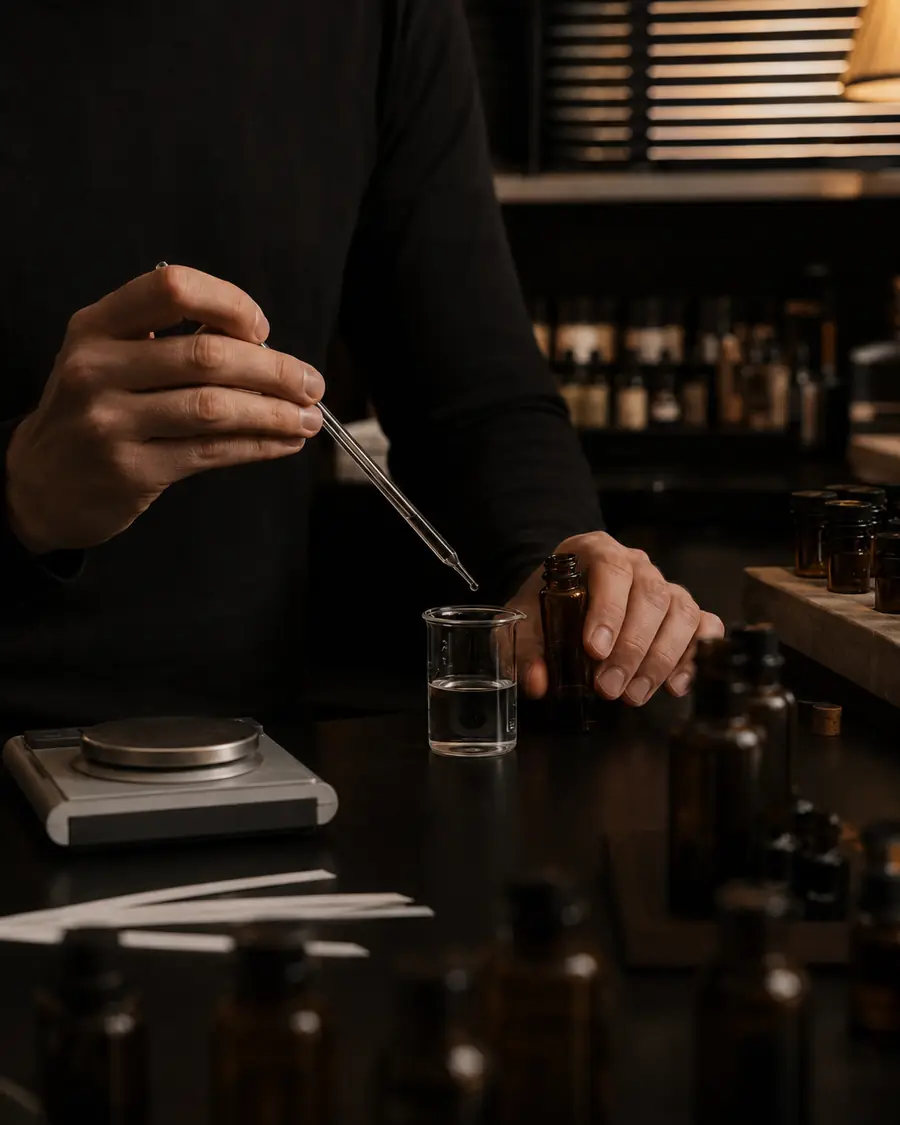 Hands working with fragrance tools