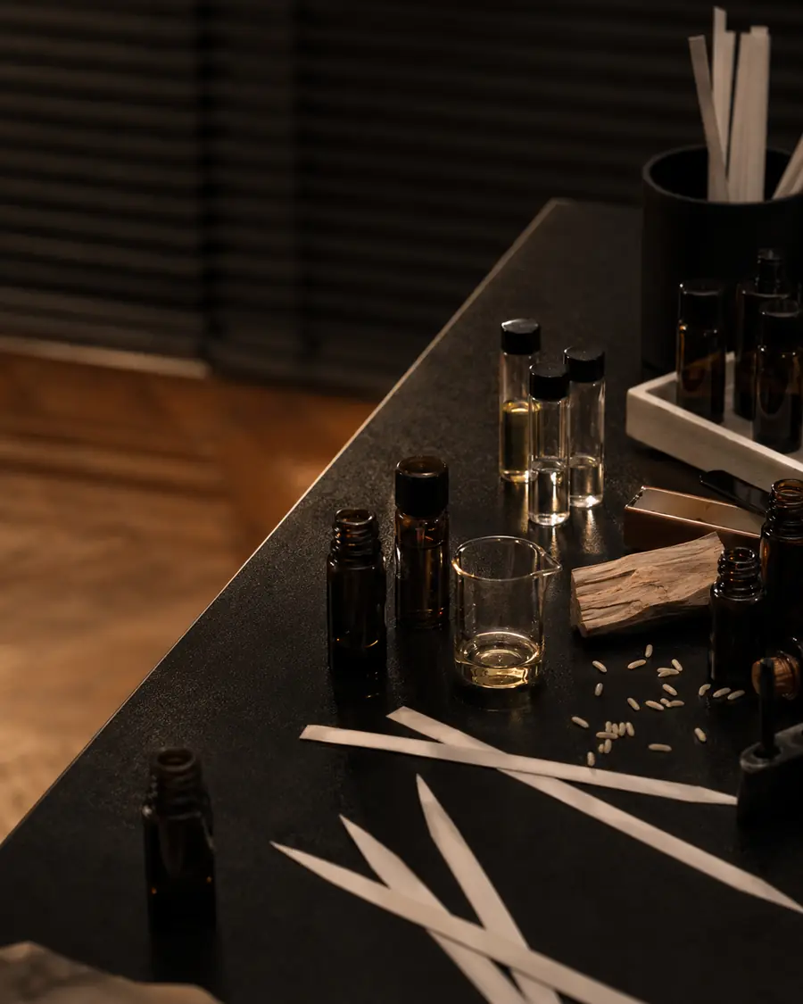 Fragrance materials on a studio table